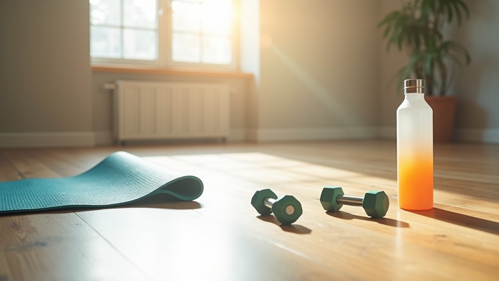 Simple workout equipment and water bottle arranged on a floor, with a bright window in the background.
